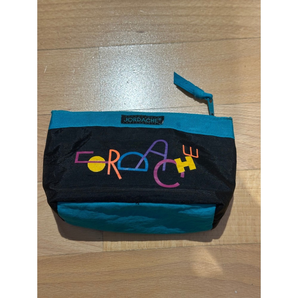 Vintage Jordache Cosmetic Bag 90s Retro Logo Teal Black Nylon Makeup Pouch